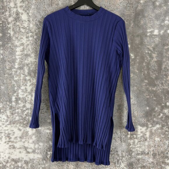Eileen Fisher Sz M Ribbed Stretch Crew Neck Tunic Top Purple Long Sleeve Pullove - Picture 1 of 8